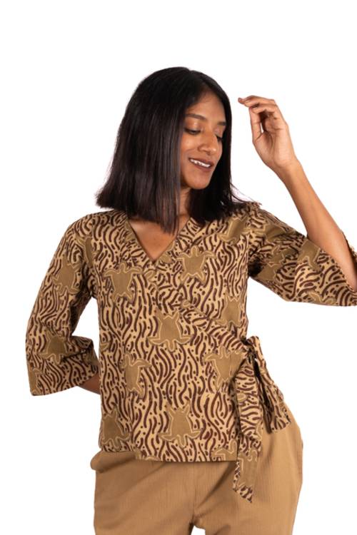 Creative Bee 'SANDTIDE' Wrap Top With Natural Dye, Hand Block Printed With Tortoise Design