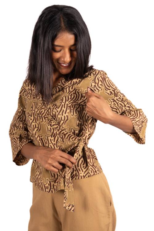Creative Bee 'SANDTIDE' Wrap Top With Natural Dye, Hand Block Printed With Tortoise Design