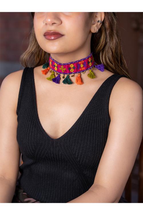 Craftroots Pink Rabari Choker With Tassels