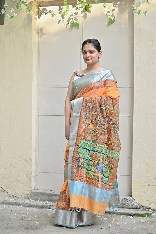 Madhubani "Simple Rural Life" Handloom Cotton Mulberry Silk Saree