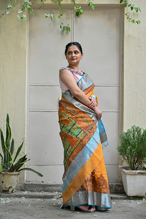 Madhubani "Simple Rural Life" Handloom Cotton Mulberry Silk Saree