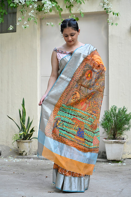 Madhubani "Simple Rural Life" Handloom Cotton Mulberry Silk Saree