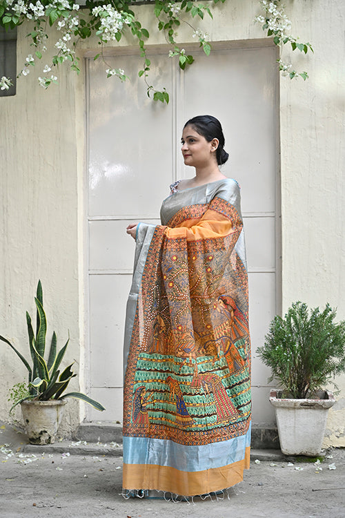 Madhubani "Simple Rural Life" Handloom Cotton Mulberry Silk Saree