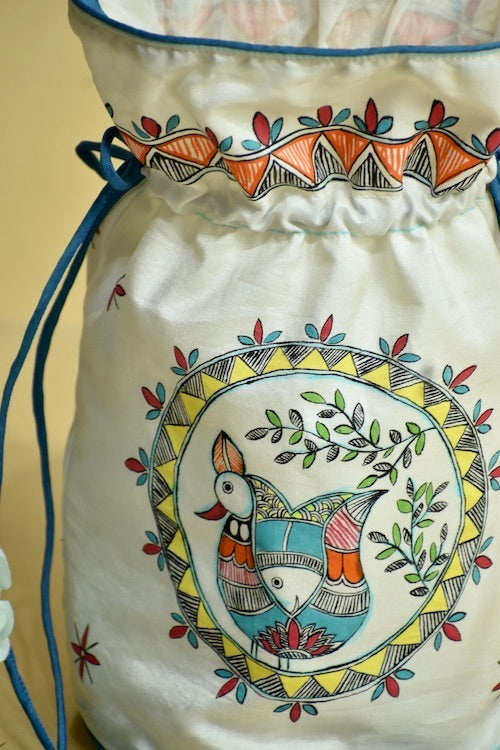 Diorama Designs "Feather & Fins" Silk Handpainted Madhubani Potli