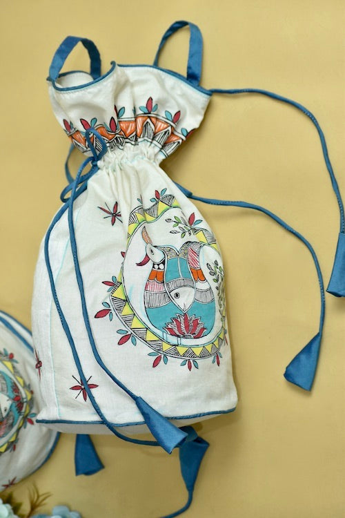 Diorama Designs "Feather & Fins" Silk Handpainted Madhubani Potli