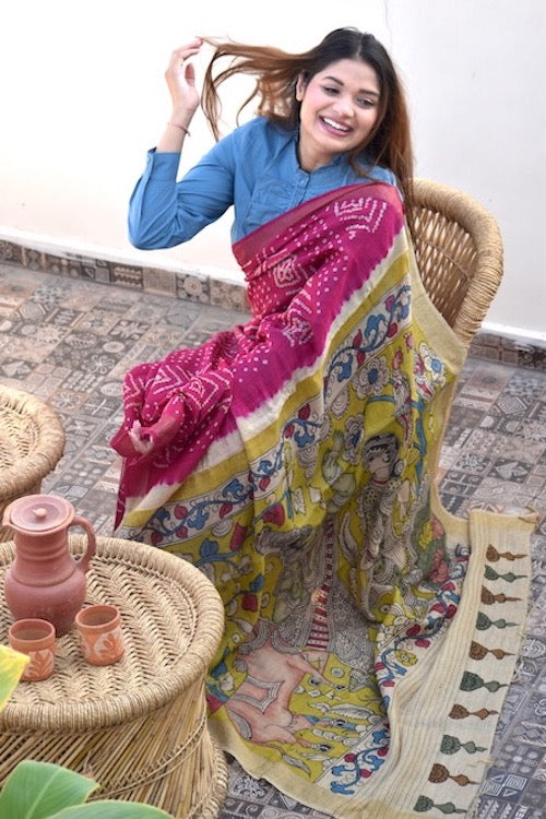 Bandhani Kalamkari "Radha Shyam" Hand-Painted Tussar Munga Silk Saree