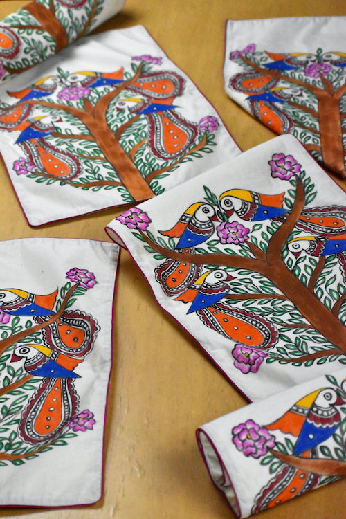 Diorama Designs Handpainted Chanderi Silk "Birds In Harmony" Table Mats