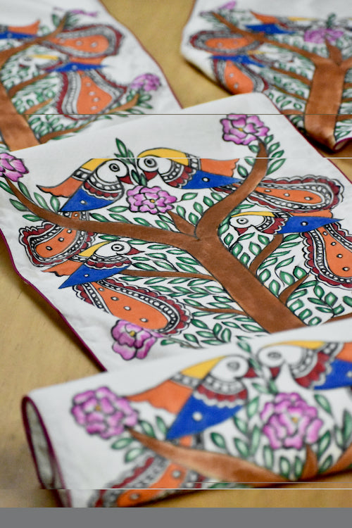 Diorama Designs Handpainted Chanderi Silk "Birds In Harmony" Table Mats