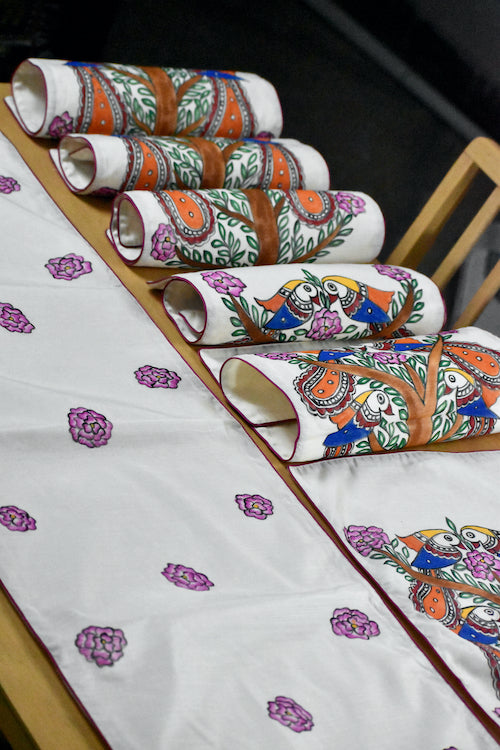 Diorama Designs Handpainted Chanderi Silk "Birds In Harmony" Table Runner