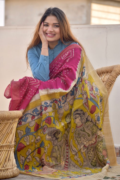 Bandhani Kalamkari "Radha Shyam" Hand-Painted Tussar Munga Silk Saree