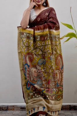 Bandhani Kalamkari "Timeless Elegance" Hand-Painted Tussar Munga Silk Saree