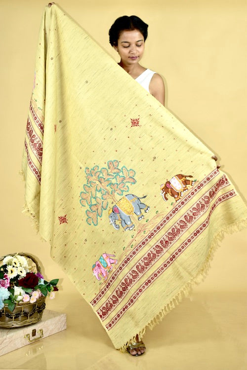 Pattachitra Gaj Gamini Handpainted Raw Silk Cotton  Shawl