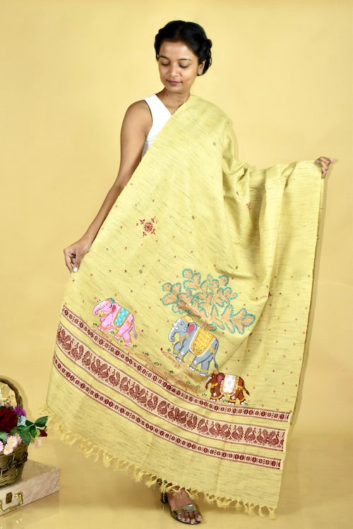 Pattachitra Gaj Gamini Handpainted Raw Silk Cotton  Shawl