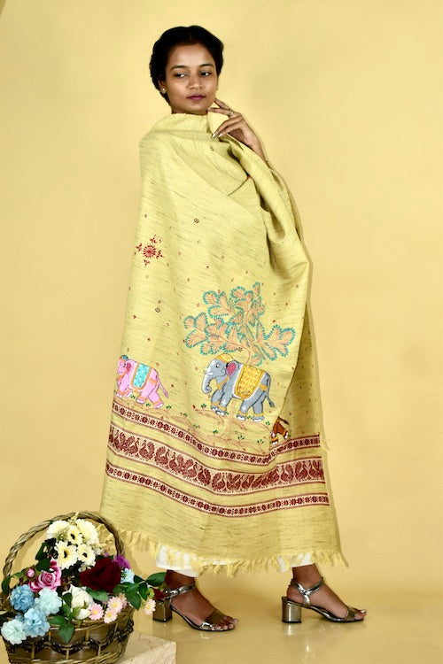 Pattachitra Gaj Gamini Handpainted Raw Silk Cotton  Shawl