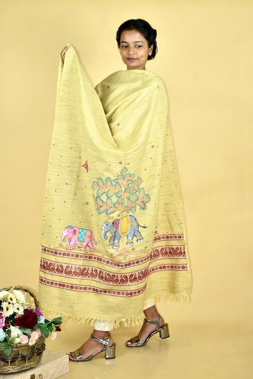 Pattachitra Gaj Gamini Handpainted Raw Silk Cotton  Shawl