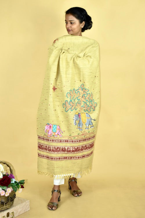 Pattachitra Gaj Gamini Handpainted Raw Silk Cotton  Shawl