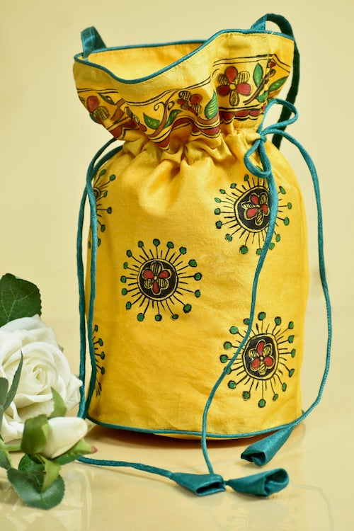 Diorama Designs Yellow Silk Handpainted Madhubani Potli