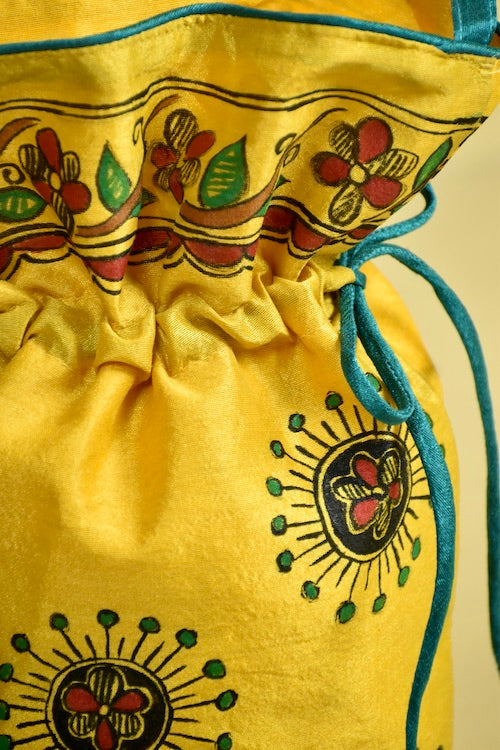 Diorama Designs Yellow Silk Handpainted Madhubani Potli