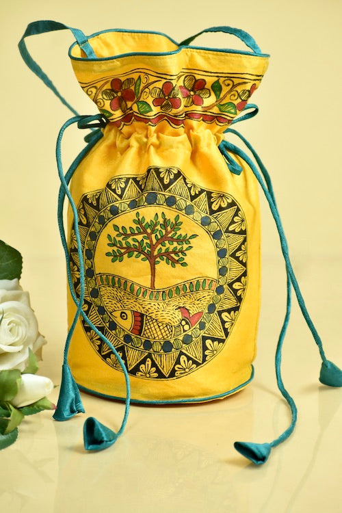 Diorama Designs Yellow Silk Handpainted Madhubani Potli