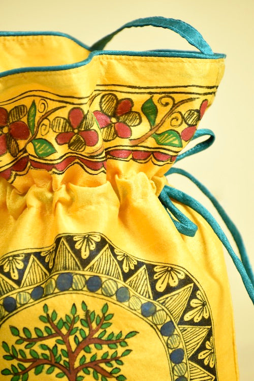 Diorama Designs Yellow Silk Handpainted Madhubani Potli
