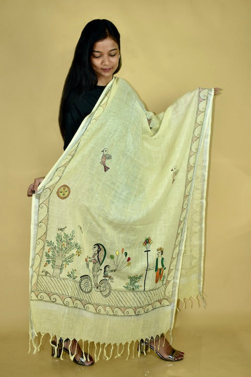 Diorama Designs Madhubani Hand-Painted "Mother Daughter" Linen Dupatta