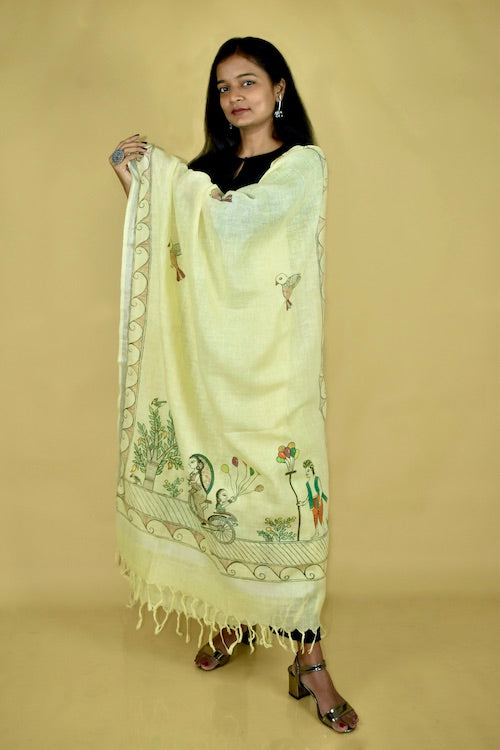 Diorama Designs Madhubani Hand-Painted "Mother Daughter" Linen Dupatta