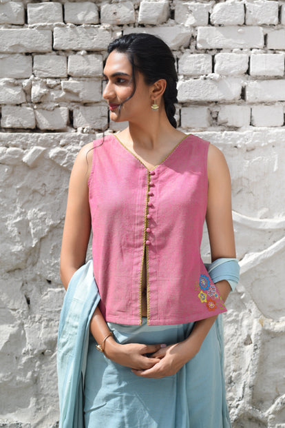 Rangsutra Cheenth Sleeveless Pink Blouse With Pucca Embroidery