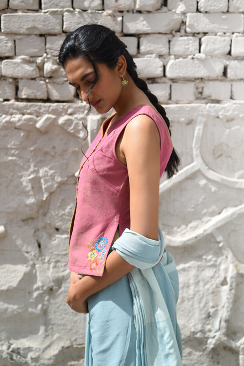 Rangsutra Cheenth Sleeveless Pink Blouse With Pucca Embroidery