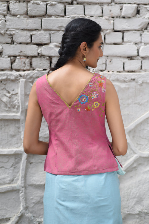 Rangsutra Cheenth Sleeveless Pink Blouse With Pucca Embroidery