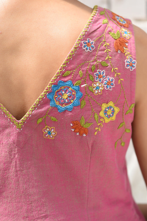 Rangsutra Cheenth Sleeveless Pink Blouse With Pucca Embroidery