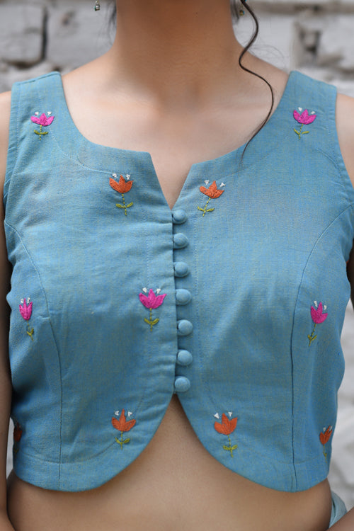 Rangsutra Cheenth Sleeveless Blue Blouse With All Over Pucca Embroidery