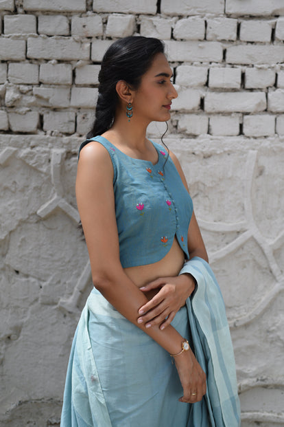 Rangsutra Cheenth Sleeveless Blue Blouse With All Over Pucca Embroidery