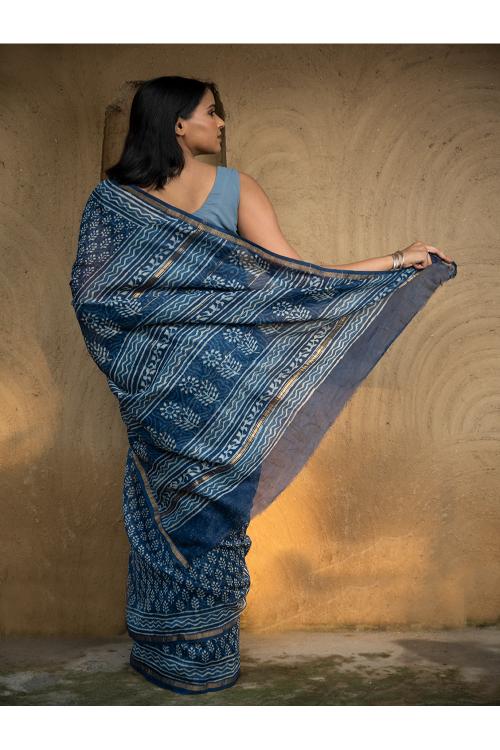 TICH Dabu Hand Block Printed Chanderi Saree - Blue Flora