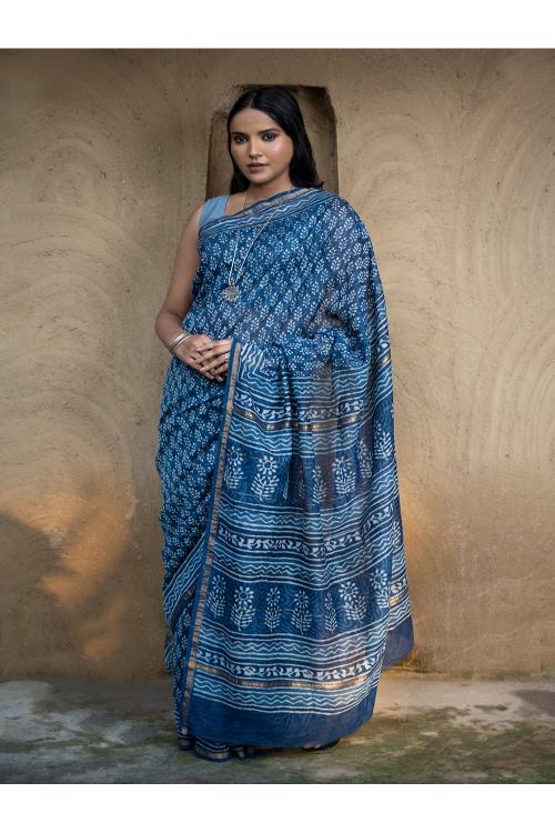 TICH Dabu Hand Block Printed Chanderi Saree - Blue Flora