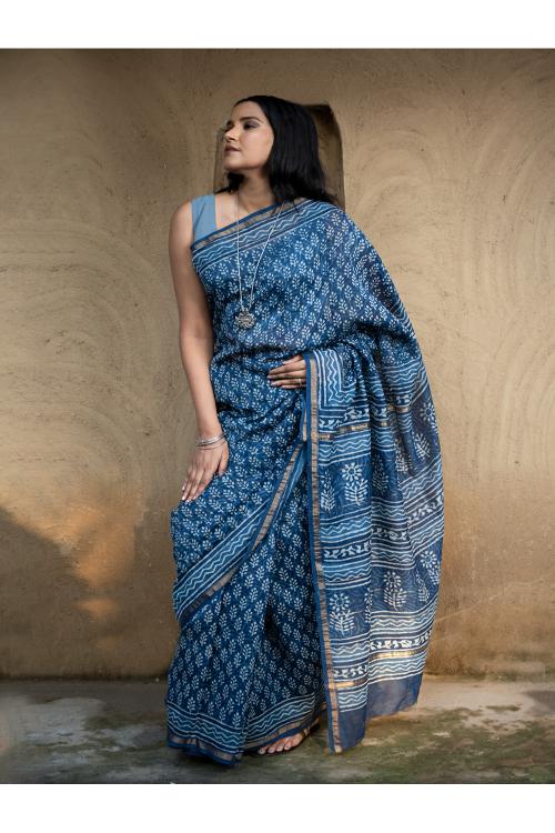 TICH Dabu Hand Block Printed Chanderi Saree - Blue Flora