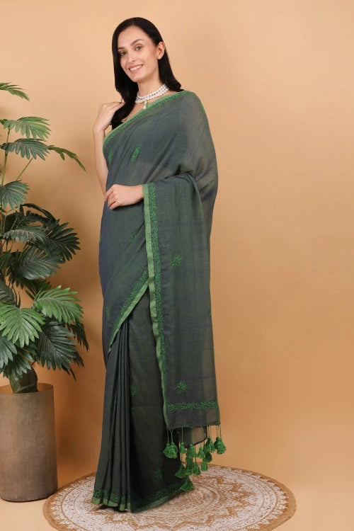 Shwet Women Dark Green Hand Embroidered Chikankari  Mulmul Saree