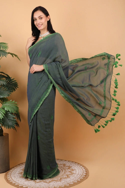 Shwet Women Dark Green Hand Embroidered Chikankari  Mulmul Saree