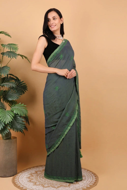 Shwet Women Dark Green Hand Embroidered Chikankari  Mulmul Saree