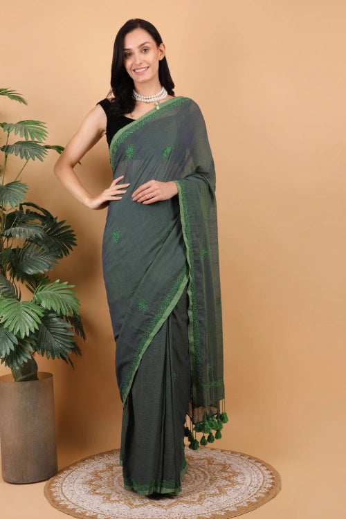 Shwet Women Dark Green Hand Embroidered Chikankari  Mulmul Saree