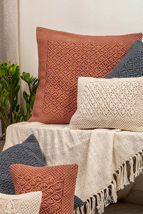 One 'O' Eight Knots Diamond Hand-Knotted 100% Cotton Cushion Cover (Single pc)-Dusty Pink