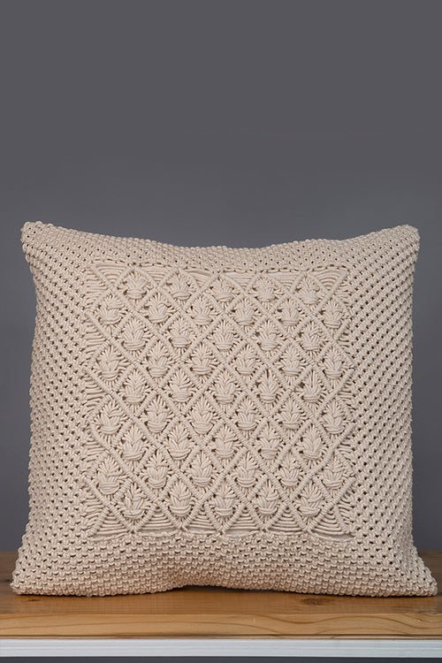 One 'O' Eight Knots Diamond Hand-Knotted 100% Cotton Cushion Cover (Single pc)-Ivory White