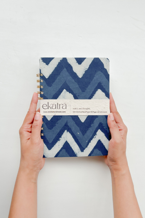 A5 Wire Bound Ruled Journal By Ekatra - Indigo Chevron ( Set Of 2 )