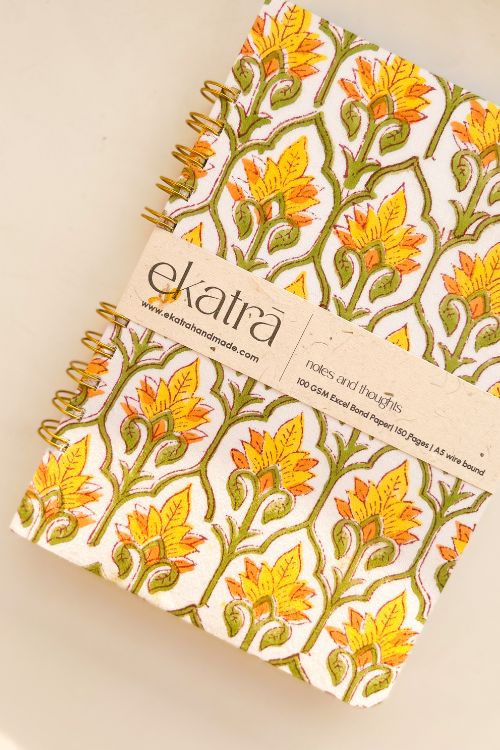 A5 Wire Bound Ruled Journal By Ekatra - Yellow Floral ( Set Of 2 )