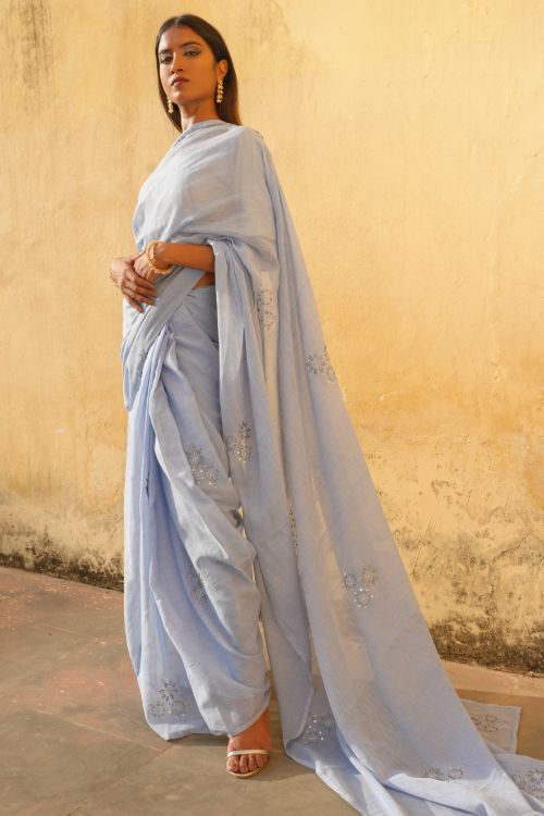 TICH Elegant, Fine, Soft Handwoven Mul & Zardozi Embroidered Saree - Snowflakes