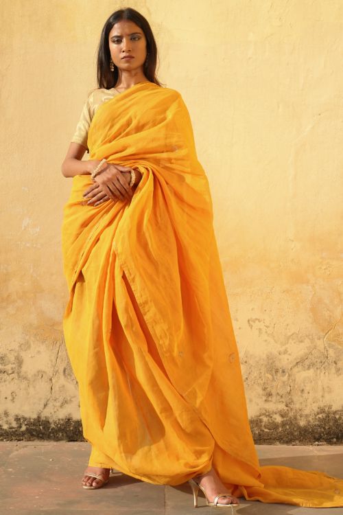 TICH Elegant, Fine, Soft Handwoven Mul & Zardozi Embroidered Saree - Yellow & Gold