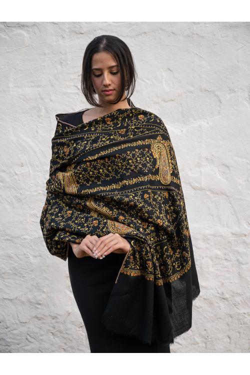 Exclusive, Fine Hand Embroidered Kashmiri Shawl - Black Paisley