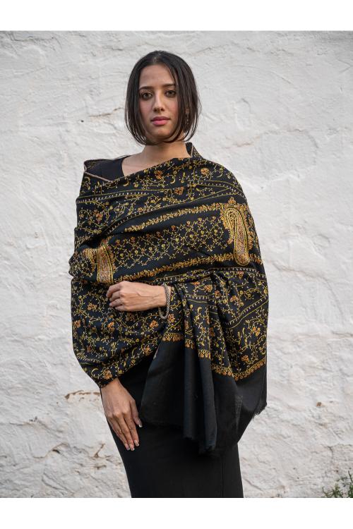 Exclusive, Fine Hand Embroidered Kashmiri Shawl - Black Paisley