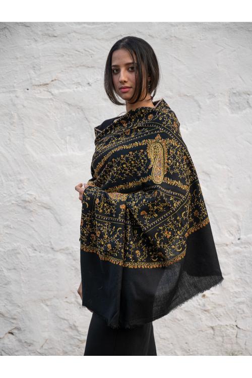 Exclusive, Fine Hand Embroidered Kashmiri Shawl - Black Paisley