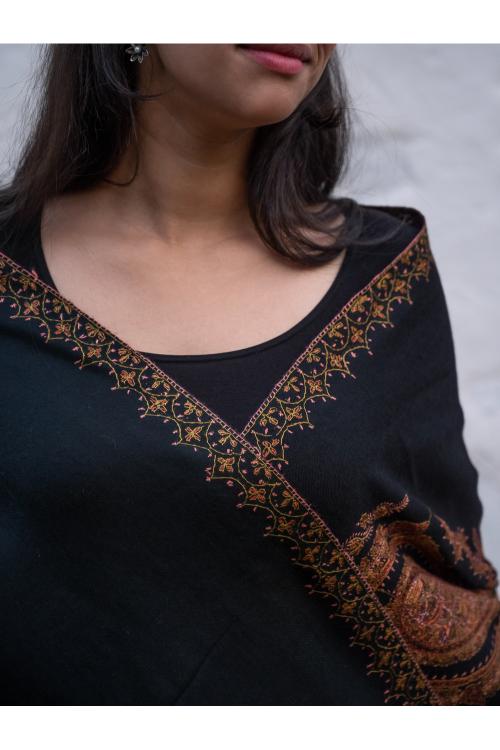 Exclusive, Fine Hand Embroidered Kashmiri Shawl - Black Paisleys