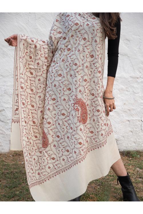 Exclusive, Fine Hand Embroidered Kashmiri Shawl - Cream & Red Paisley